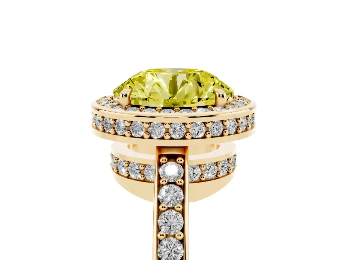 Fancy Yellow Round Cut Halo Pave Band Solitaire Ring with Prong Setting Yellow gold