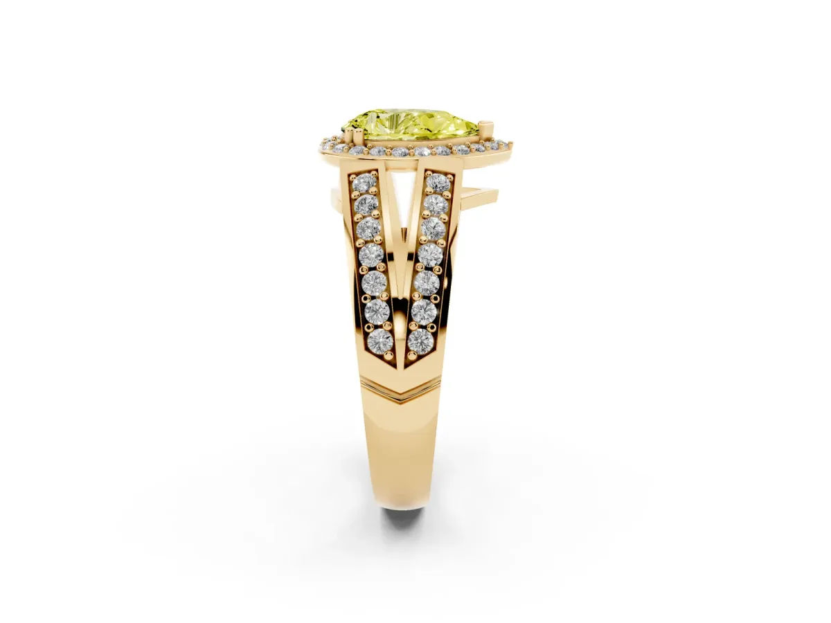 Fancy Yellow Pear Cut Diamond Halo Ring with Split Shank Pavé Band and Four-Prong Setting Yellow gold