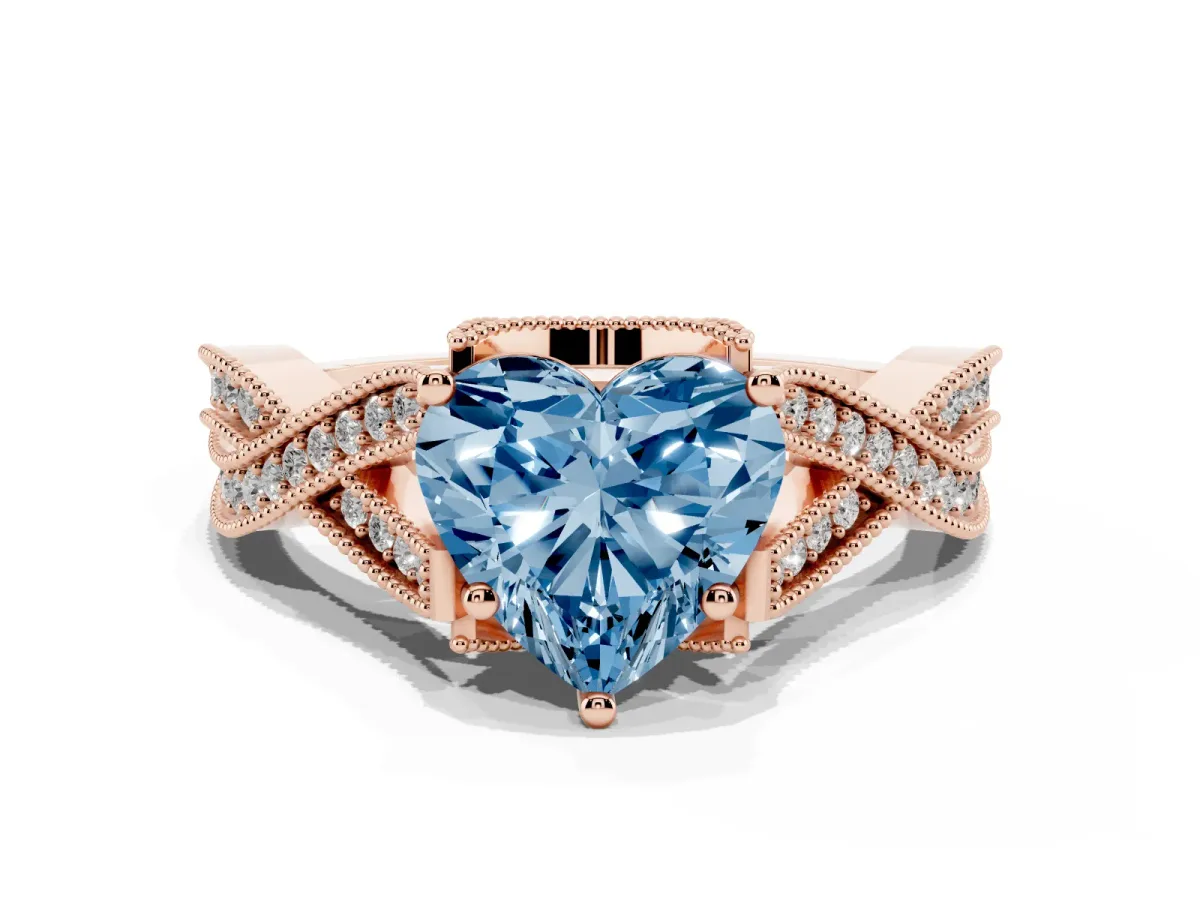 Fancy Blue Heart Cut Cut Diamond Twisted Band with Milgrain Pave Setting and Four-Prong Setting Rose gold