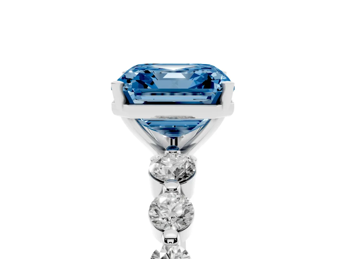 Fancy Blue Asscher Cut Solitaire Diamond Ring with Pave Band and Four-Prong Setting Silver