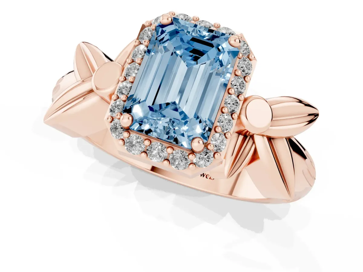 Fancy Blue Emerald Cut Halo Diamond Floral Band with Four-Prong Setting Rose gold