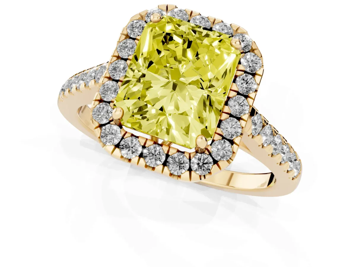 Fancy Yellow Radiant Cut Halo Pavé Diamond Engagement Ring with Four-Prong Setting Yellow gold