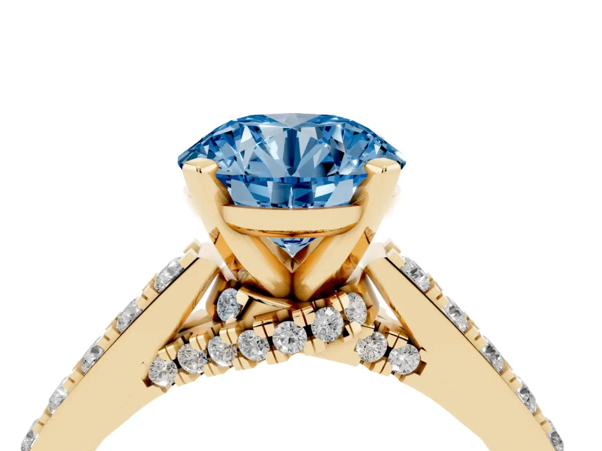Fancy Blue Round Cut Diamond Solitaire Ring with Crossover Gallery and Round Pavé Band Yellow gold