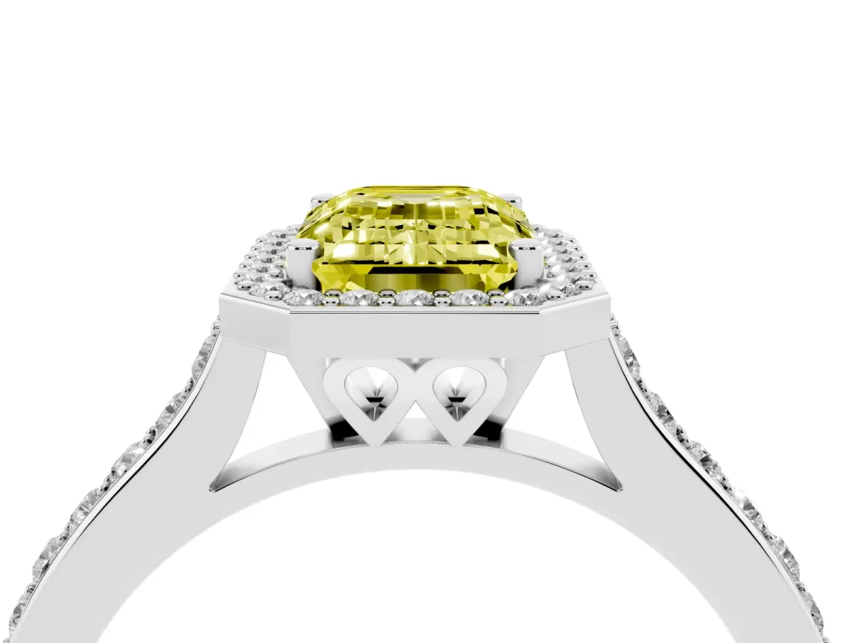 Fancy Yellow Emerald Cut Diamond Halo Engagement Ring with Round Pavé Shoulders and Prong Setting White gold