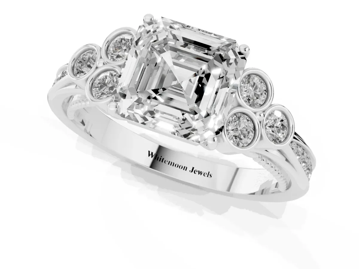 Asscher Cut Cut Diamond Engagement Ring with Bezel Set Round Side Stones and Prong Setting Silver
