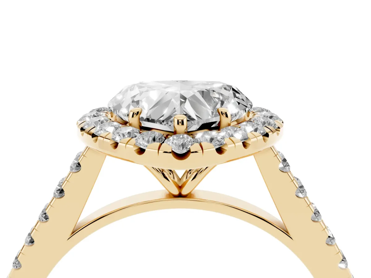 Heart Cut Halo Pave Diamond Engagement Ring with Four-Prong Setting Yellow gold