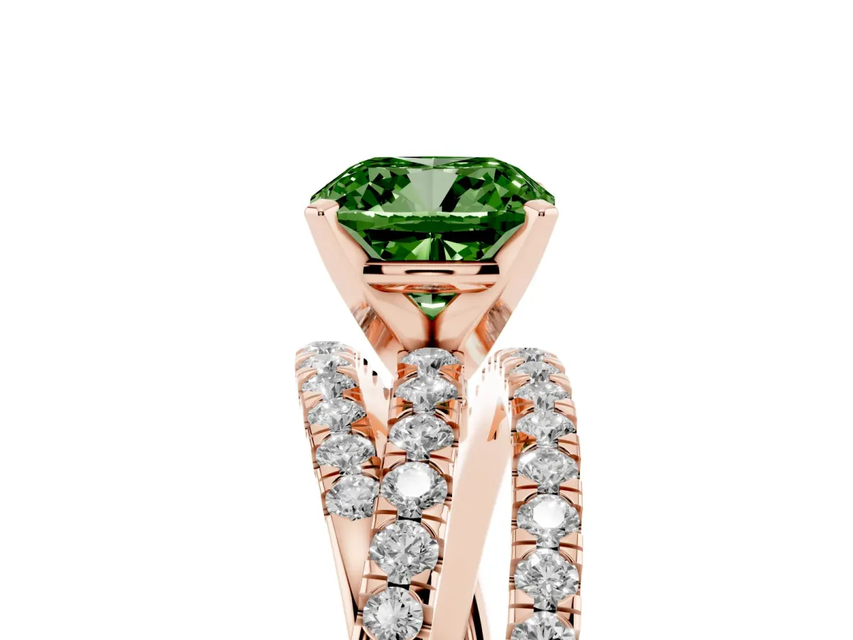 Fancy Green Cushion Cut Solitaire Twist Band with Pavé Setting and Four-Prong Setting Rose gold