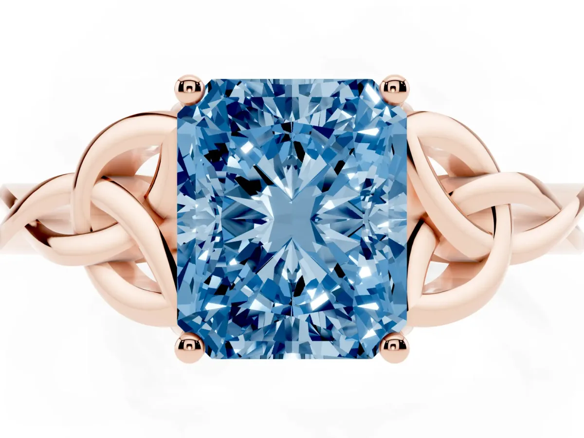 Fancy Blue Radiant Cut Diamond Solitaire Engagement Ring with Celtic Knot Band and Four-Prong Setting Rose gold