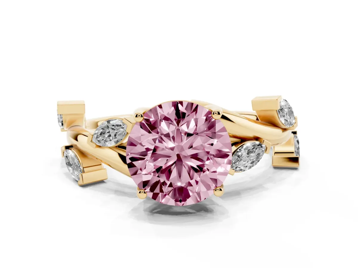 Fancy Pink Round Cut Solitaire Twisted Band Marquise Accent Prong Setting Ring Yellow gold