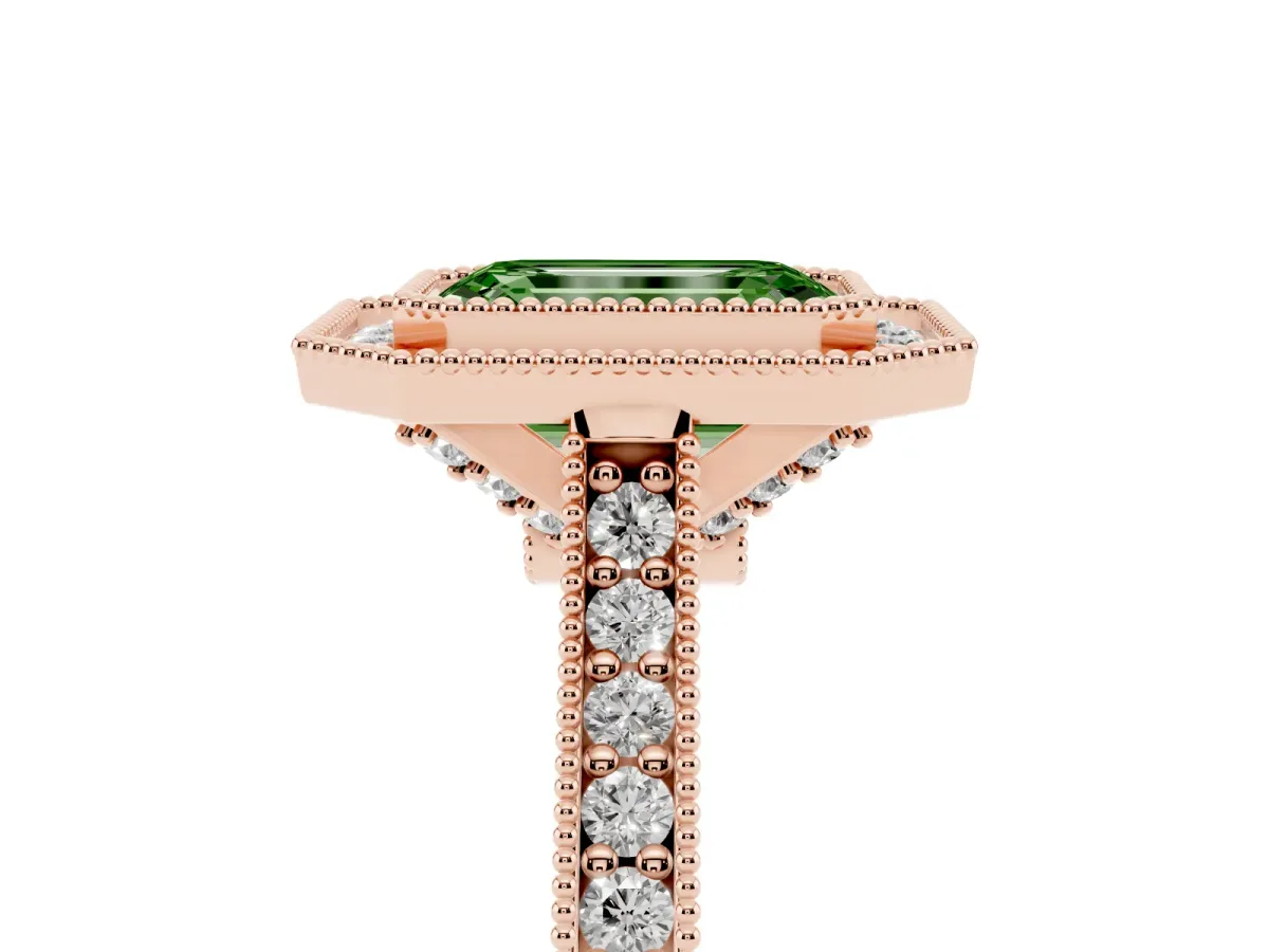 Fancy Green Halo Emerald Cut-Cut Diamond Pave Band Milgrain Prong Setting Ring Rose gold