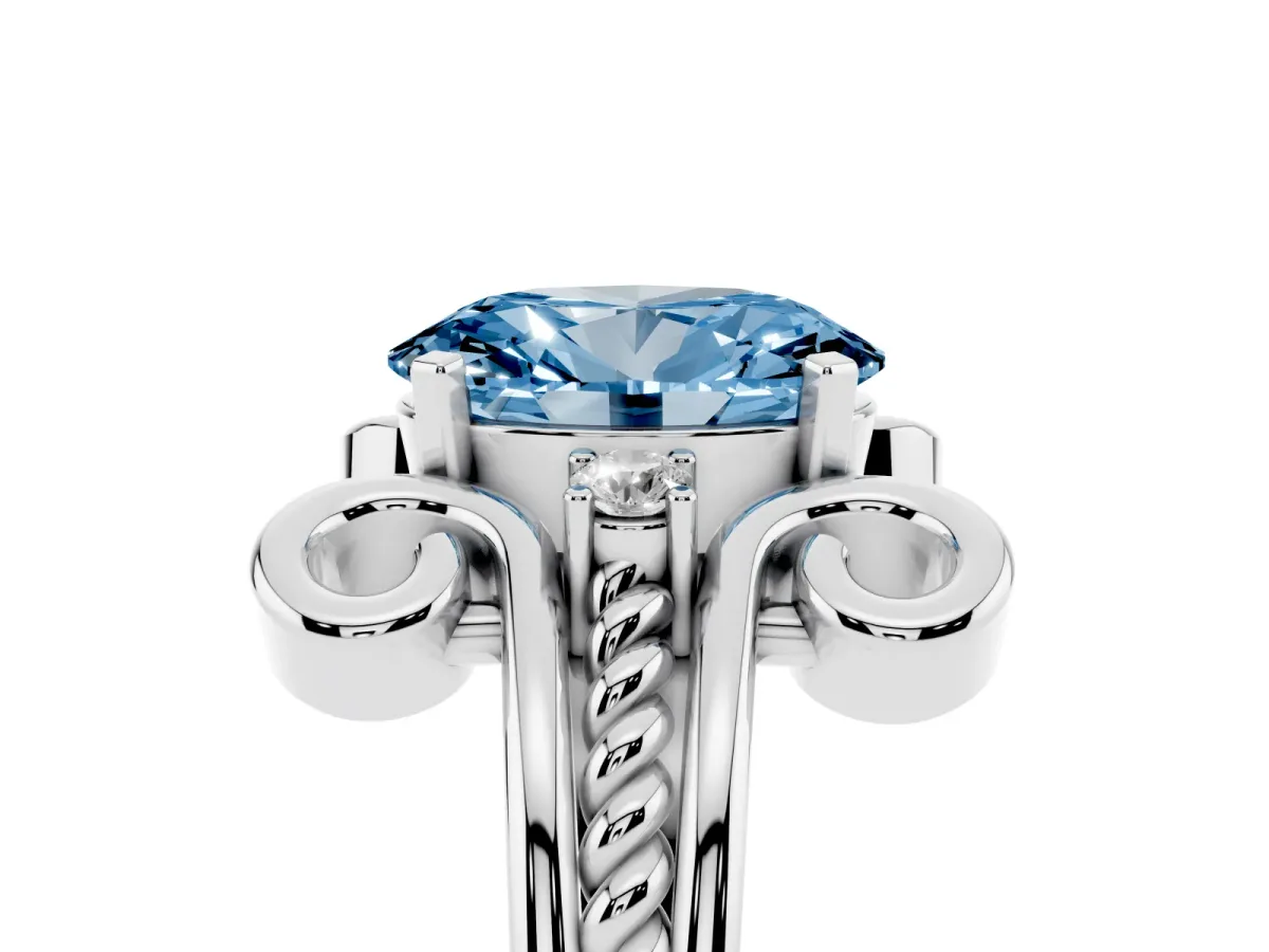 Fancy Blue Oval Cut Solitaire Twisted Band Scroll Prong Ring Silver