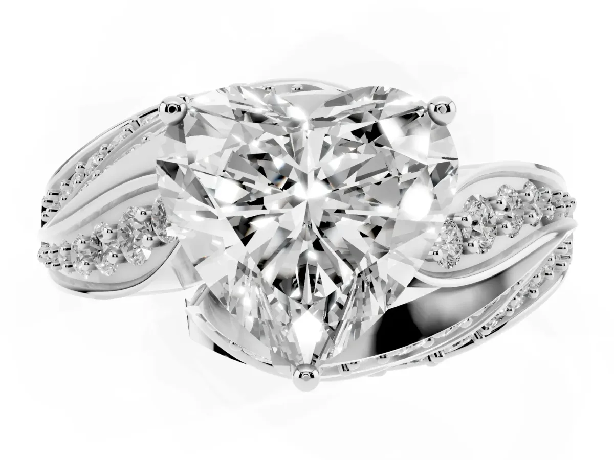 Heart Cut Diamond Solitaire Ring with Prong Setting and Twisted Pavé Band Silver