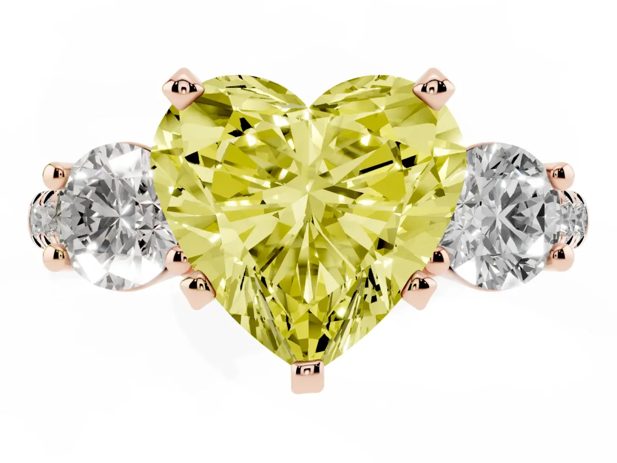 Fancy Yellow Three-Stone Heart Cut Diamond Pavé Band with Four-Prong Setting Rose gold