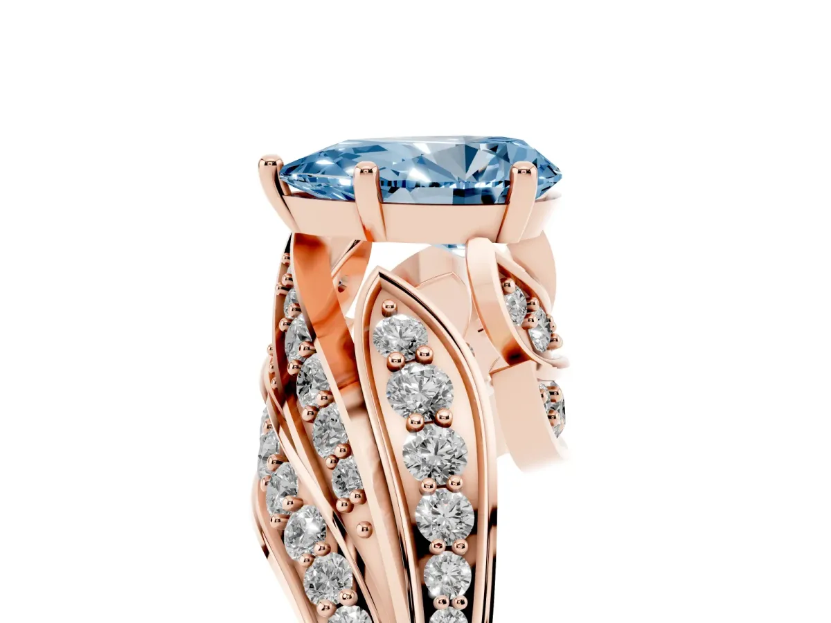 Fancy Blue Pear Cut Diamond Solitaire Ring with Prong Setting and Twisted Pavé Band Rose gold