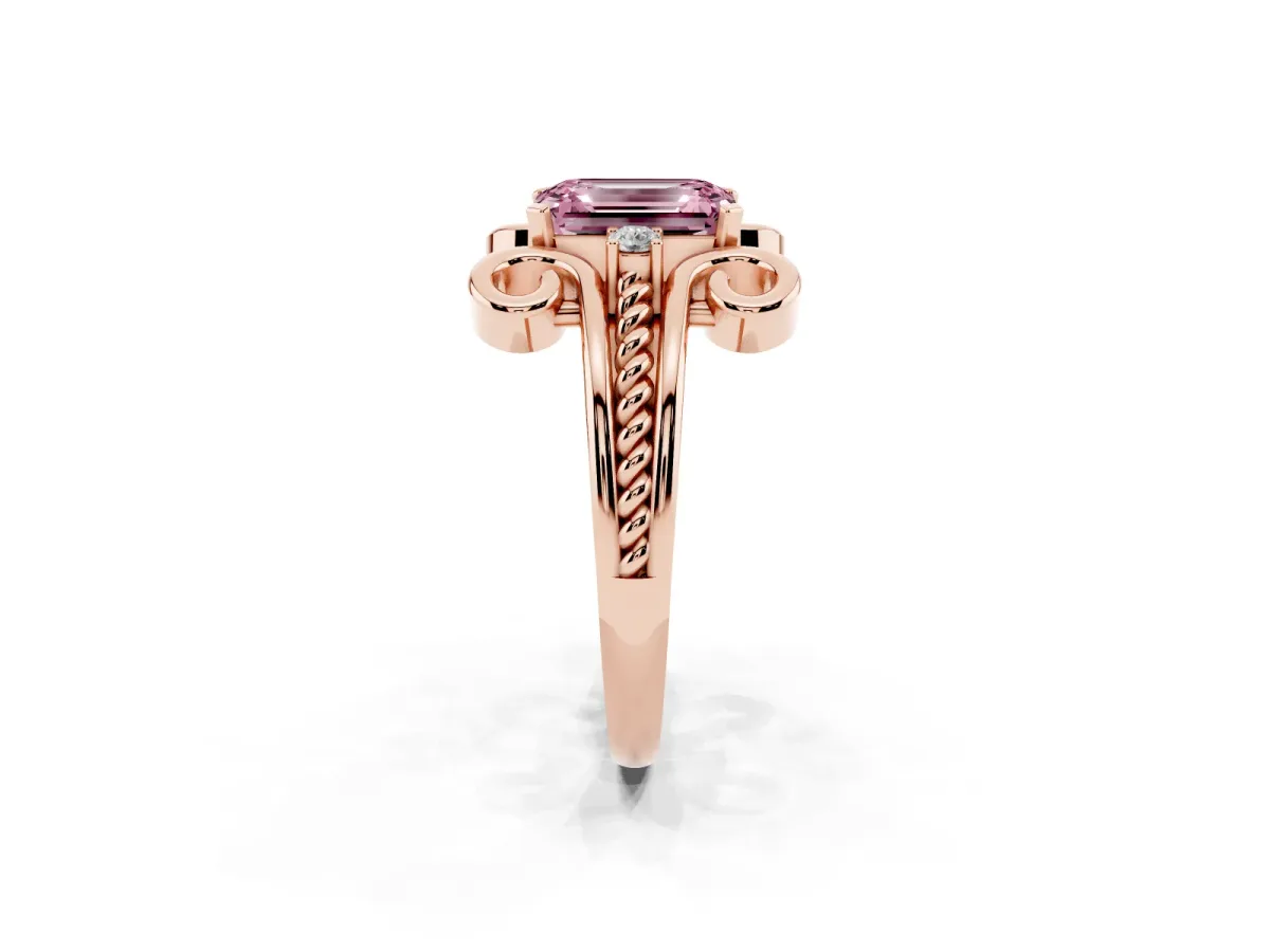 Fancy Pink Emerald Cut Solitaire Twisted Band Scroll Prong Ring Rose gold