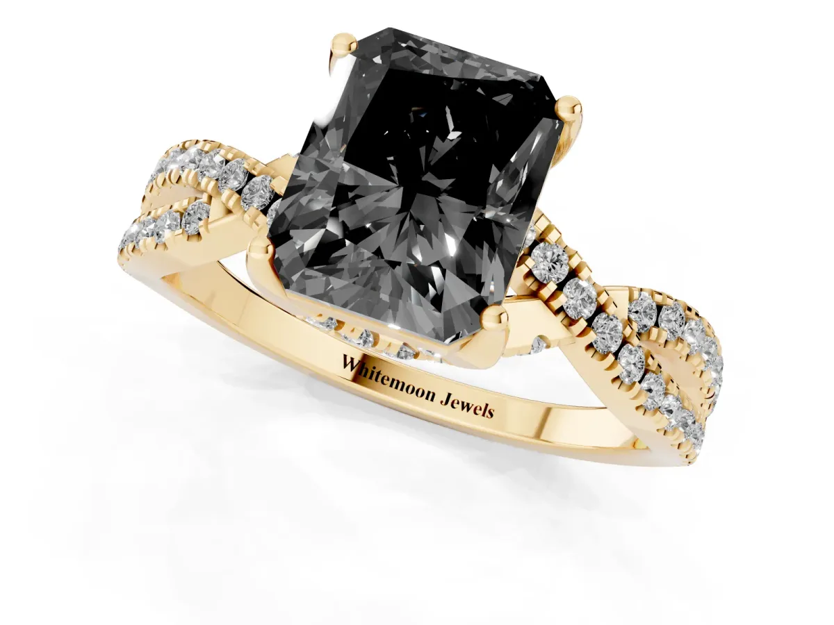 Fancy Black Radiant Cut Solitaire Twist Pave Diamond Engagement Ring with Prong Setting Yellow gold