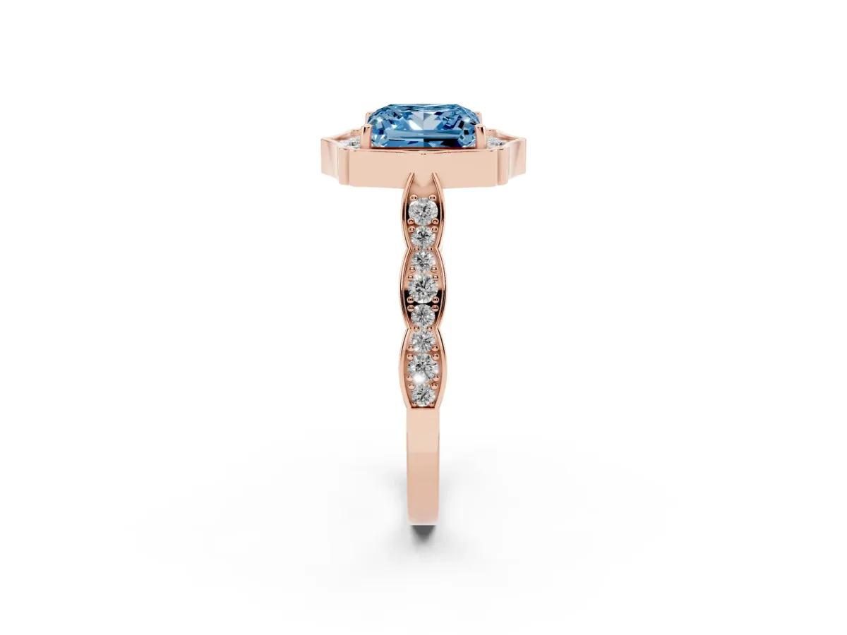 Fancy Blue Princess Cut Halo Diamond Engagement Ring with Milgrain Band and Four-Prong Setting Rose gold