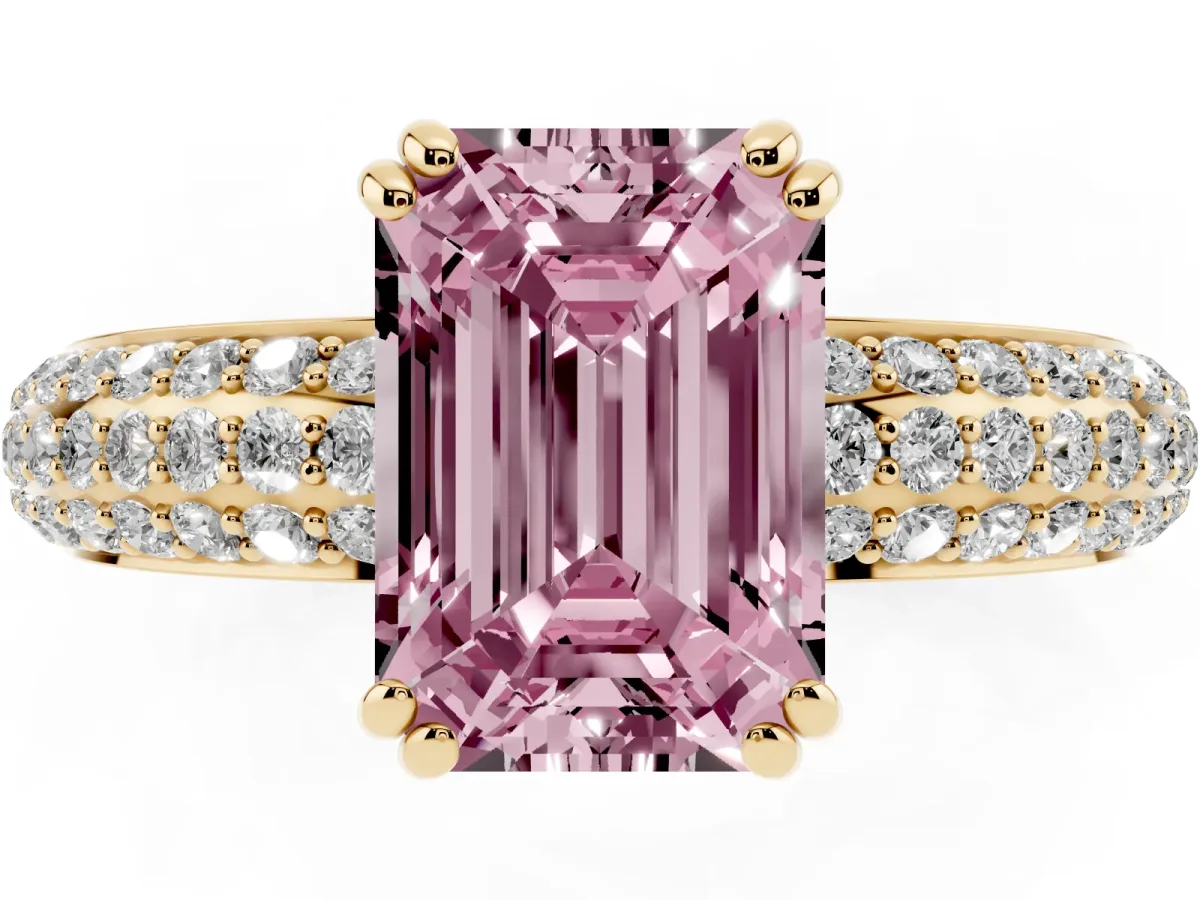 Fancy Pink Emerald Cut Diamond Solitaire Ring with Multi-Row Round Pavé Band and Prong Setting Yellow gold
