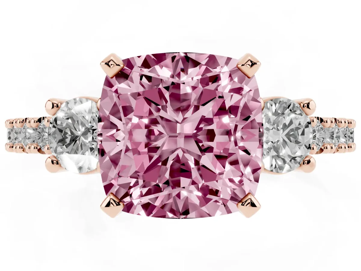 Fancy Pink Cushion Cut Three-Stone Diamond Pavé Band with Prong Setting Rose gold