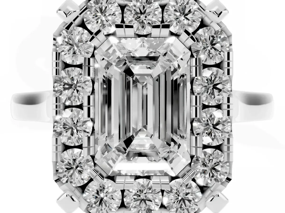 Emerald Cut Diamond Cluster Halo Solitaire with Four-Prong Setting Silver