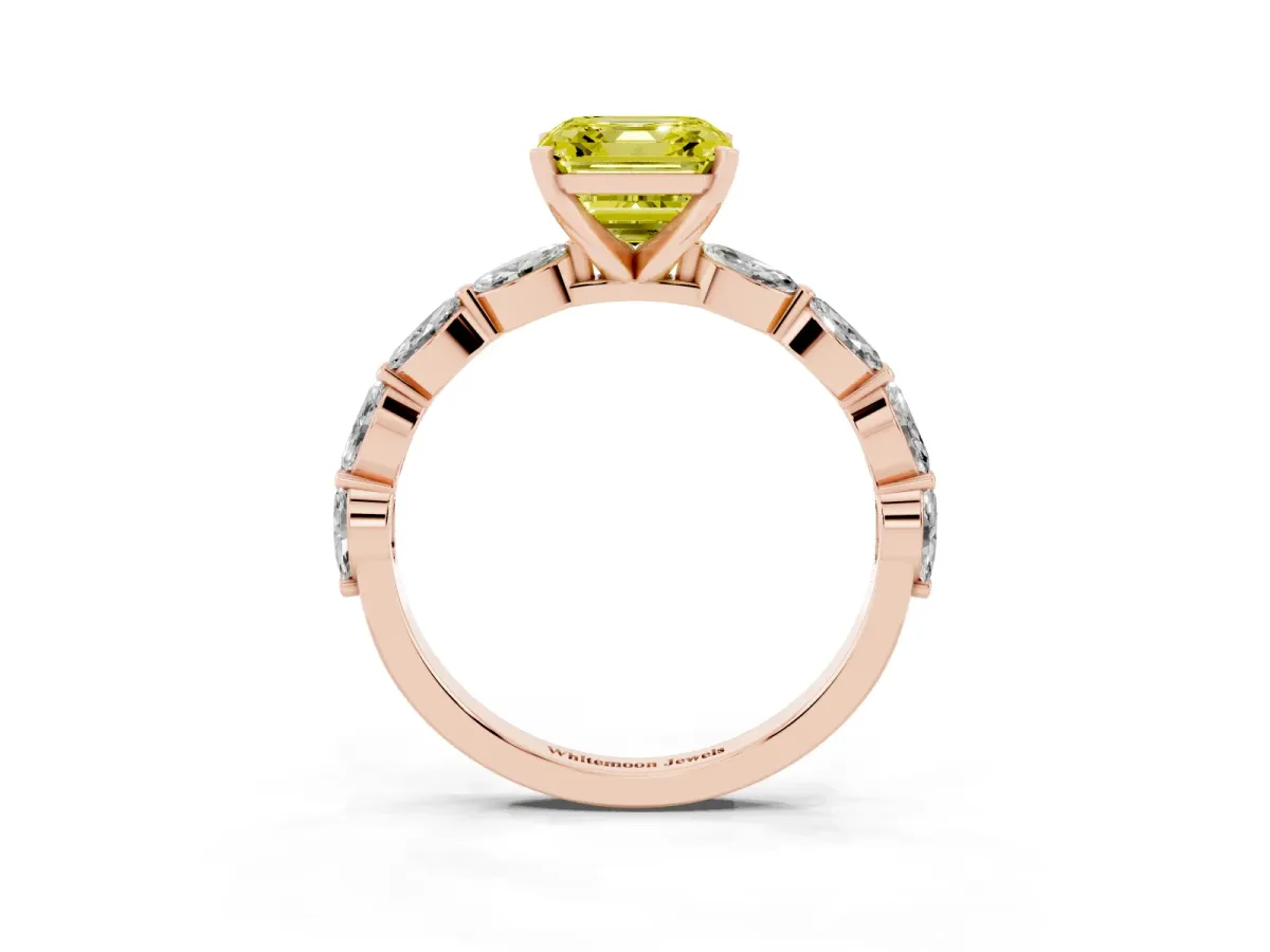 Fancy Yellow Asscher Cut Diamond Ring with Marquise Side Stones and Prong Setting Rose gold