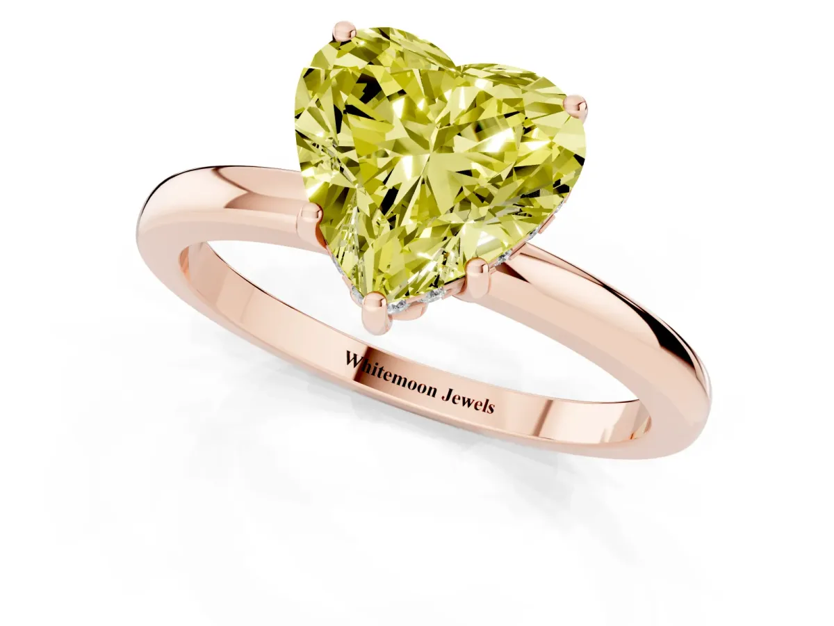 Fancy Yellow Heart Cut Solitaire Diamond Ring with Prong Setting and Plain Band Rose gold