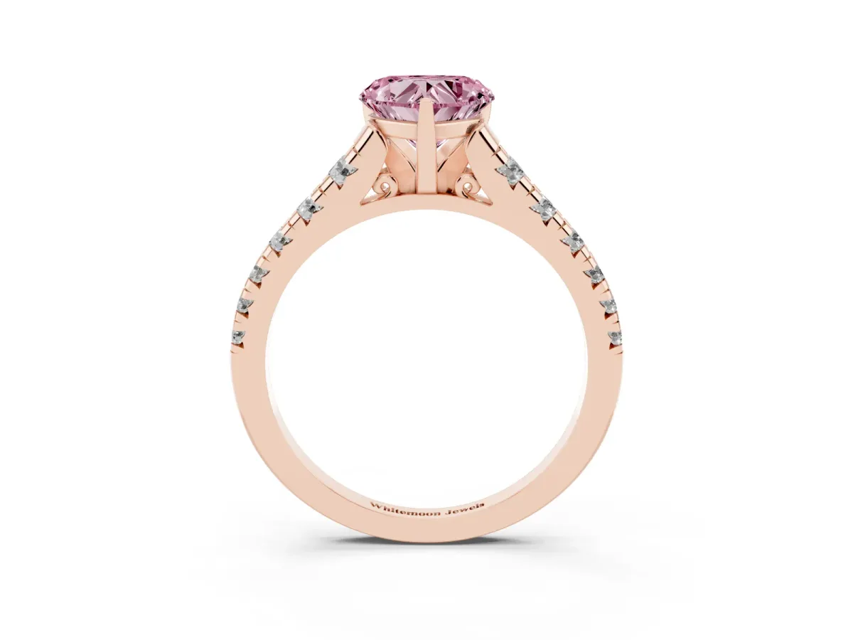 Fancy Pink Heart Cut Diamond Cathedral Solitaire Ring with Round Pavé Band Rose gold