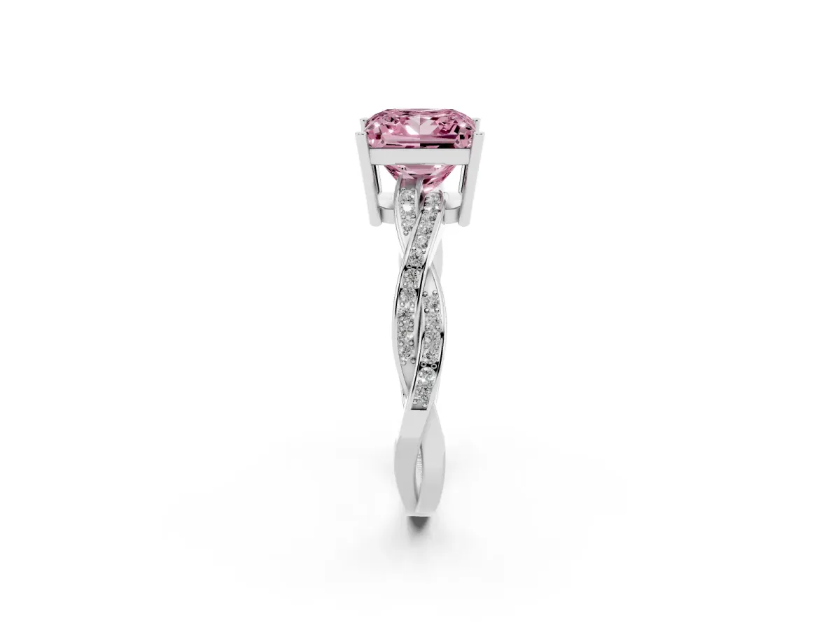 Fancy Pink Princess Cut Solitaire Twisted Pave Diamond Ring with Four-Prong Setting Silver