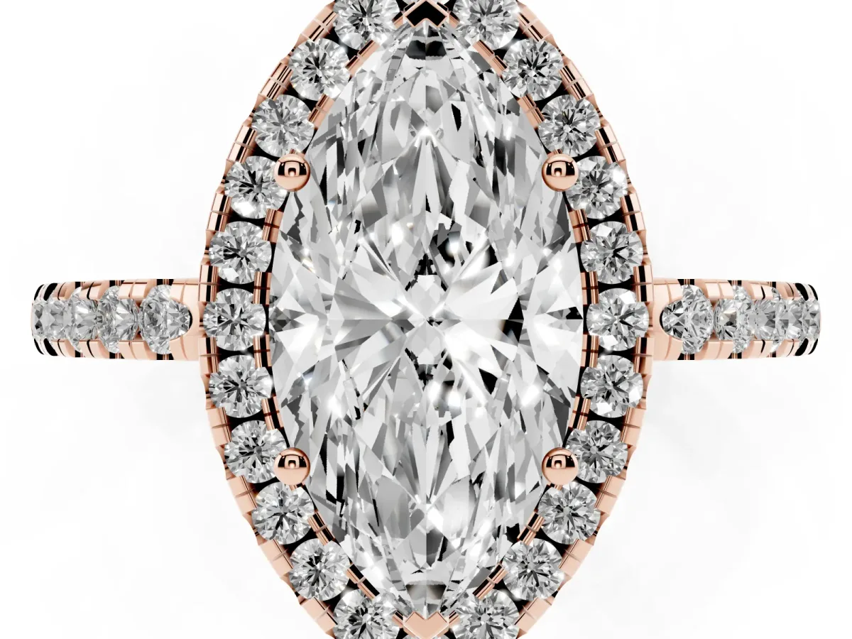 Marquise Cut Halo Diamond Engagement Ring with Pavé Band and Four-Prong Setting Rose gold