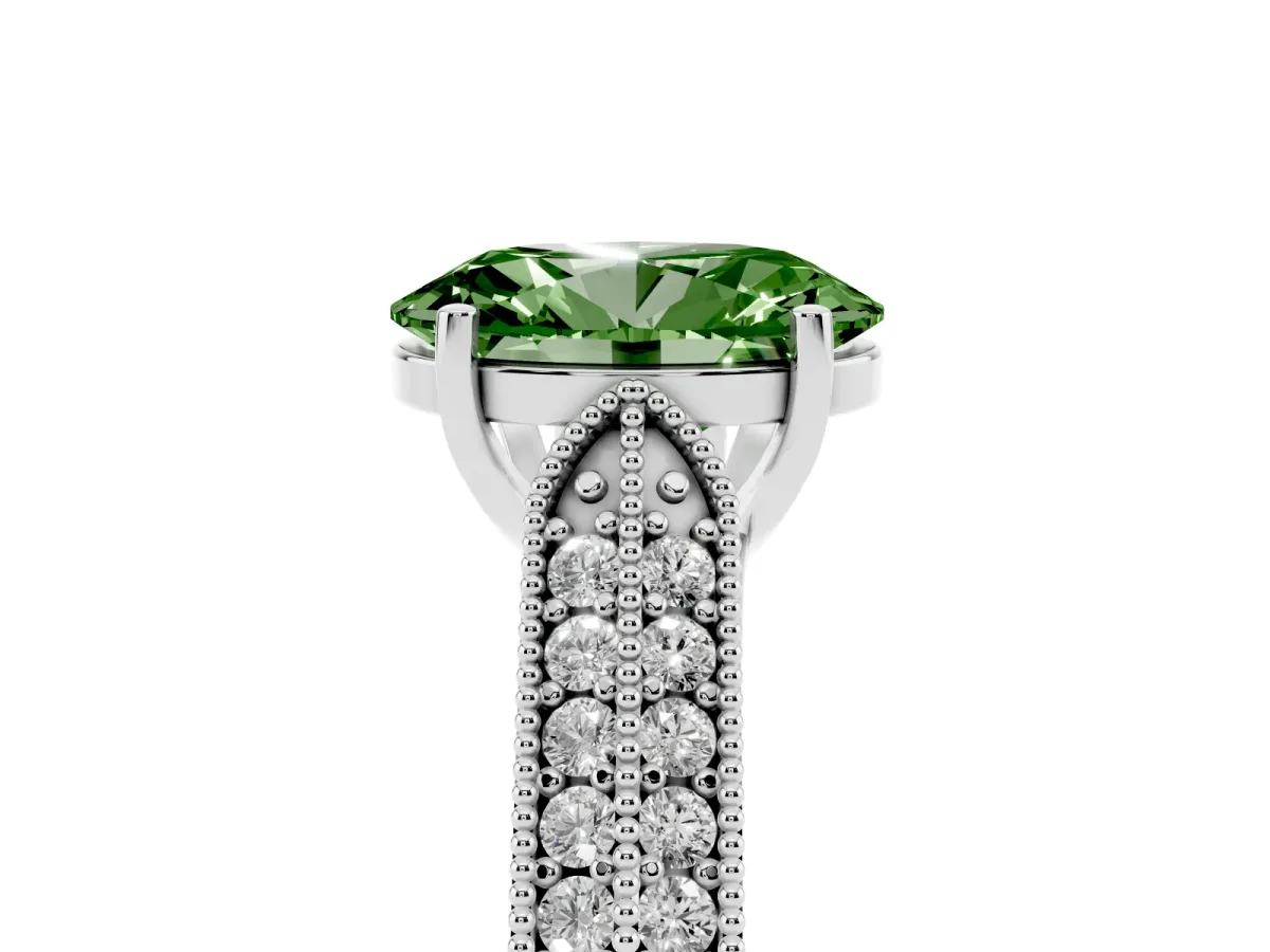 Fancy Green Oval Cut Cut Pave Split Shank Engagement Ring with Four-Prong Setting Silver