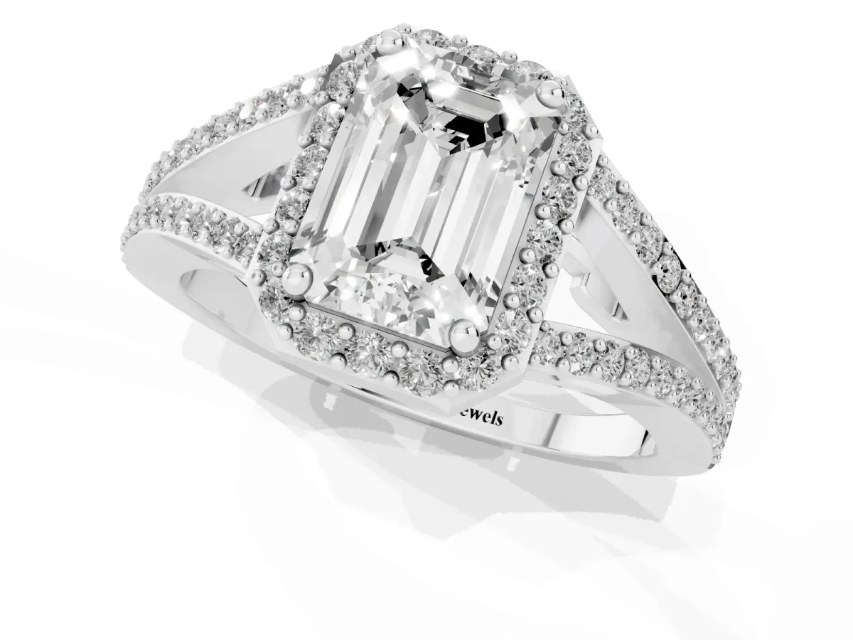 Emerald Cut Halo Split Shank Diamond Ring with Prong Setting Platinum