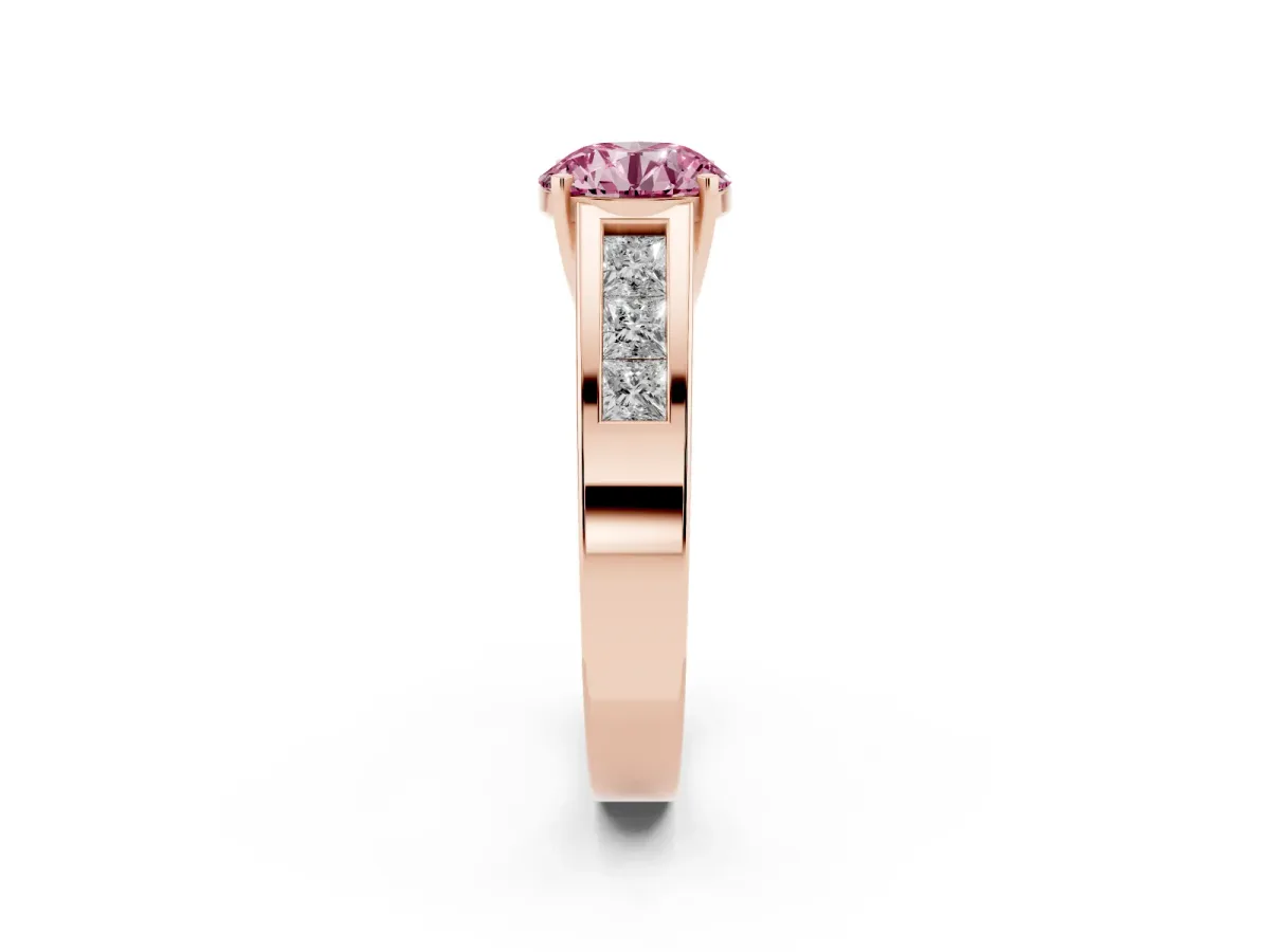 Fancy Pink Round Cut Cut Channel Set Solitaire Ring with Four-Prong Setting Rose gold