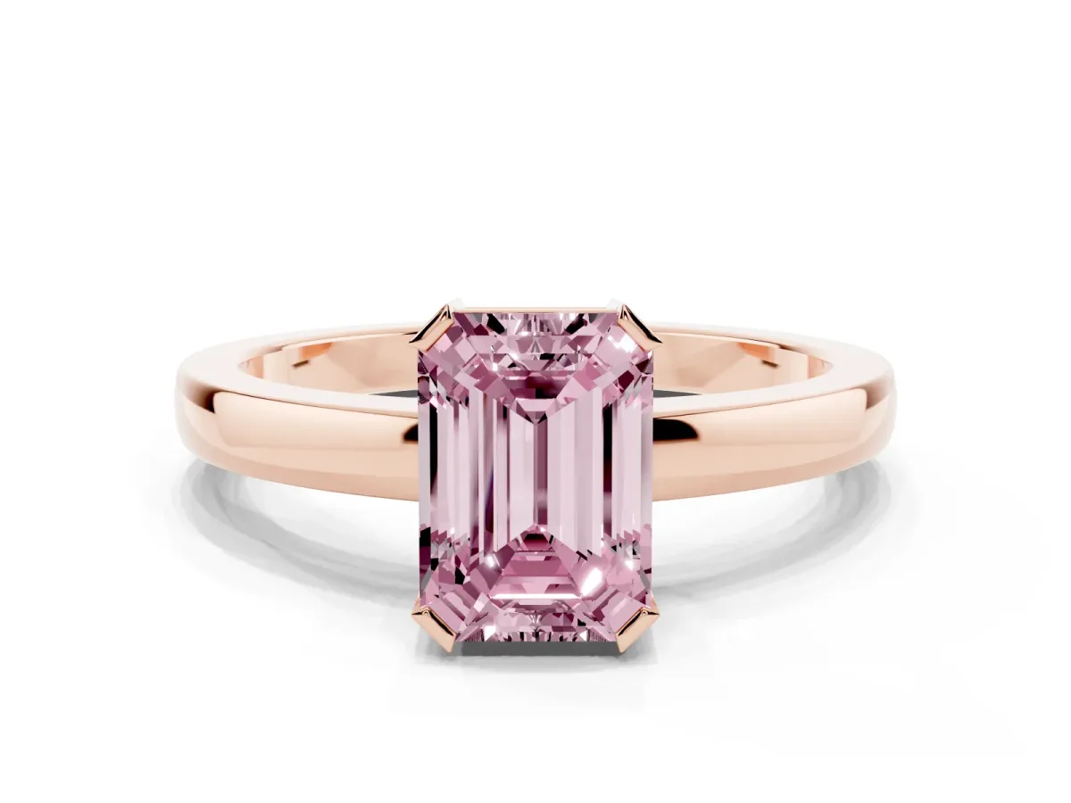Fancy Pink Emerald Cut Cut Solitaire Ring with Four-Prong Setting and Classic Band Rose gold