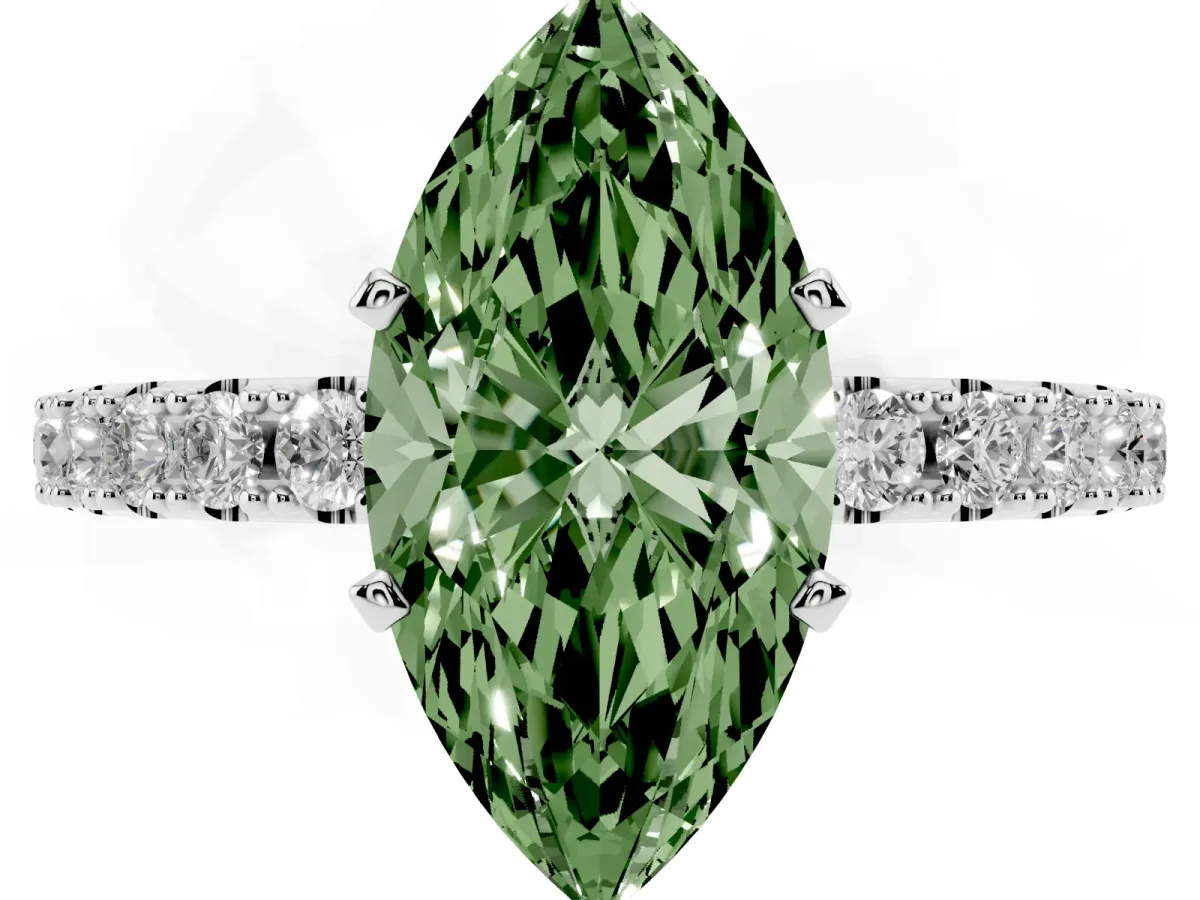 Fancy Green Marquise Cut Diamond Solitaire Pavé Band with Four-Prong Setting Silver