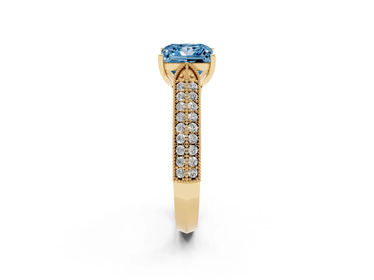 Fancy Blue Princess Cut Cut Pave Split Shank Engagement Ring with Four-Prong Setting Yellow gold