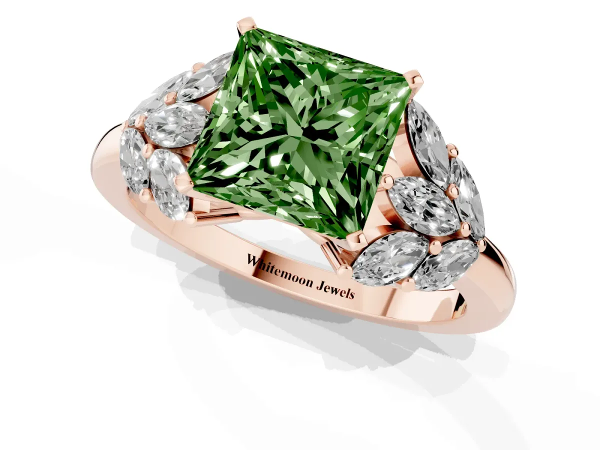 Fancy Green Princess Cut Diamond Cluster Leaf Design Ring with Prong Setting Rose gold