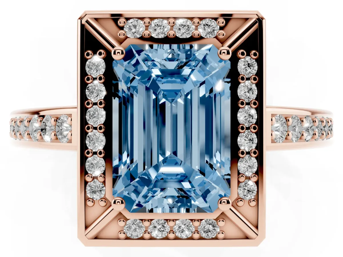 Fancy Blue Emerald Cut Cut Halo Pave Split Shank Prong Setting Ring Rose gold