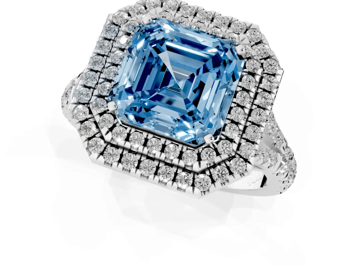 Fancy Blue Asscher Cut Diamond Pavé Split Shank Double Halo Engagement Ring Silver