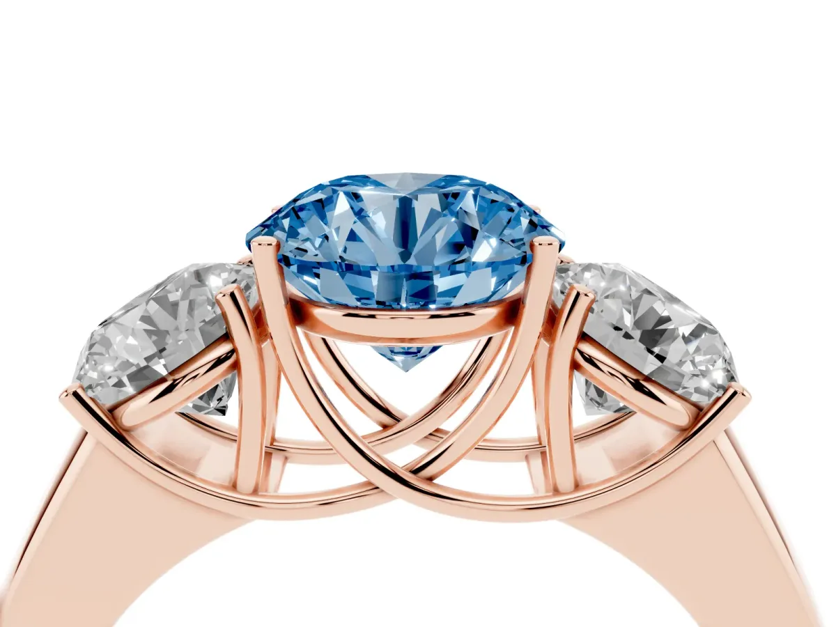 Fancy Blue Three-Stone Round Cut Cut Diamond Ring with Prong Setting and Classic Band Rose gold