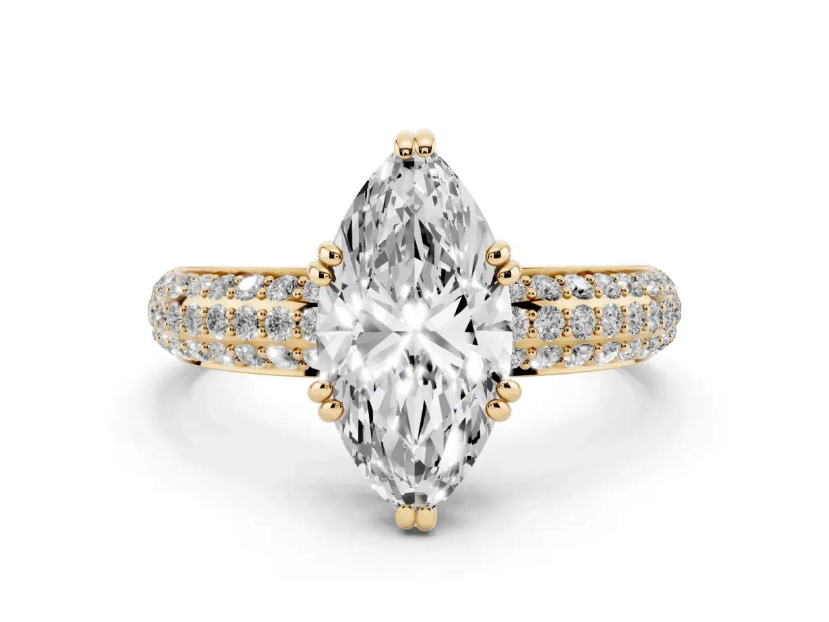 Marquise Cut Diamond Solitaire Ring with Multi-Row Round Pavé Band and Prong Setting Yellow gold