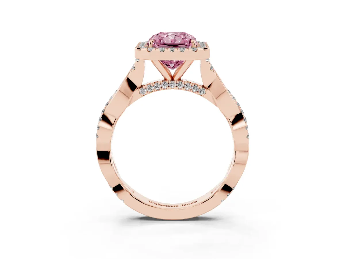 Fancy Pink Radiant Cut Halo Twist Band Solitaire Ring Rose gold