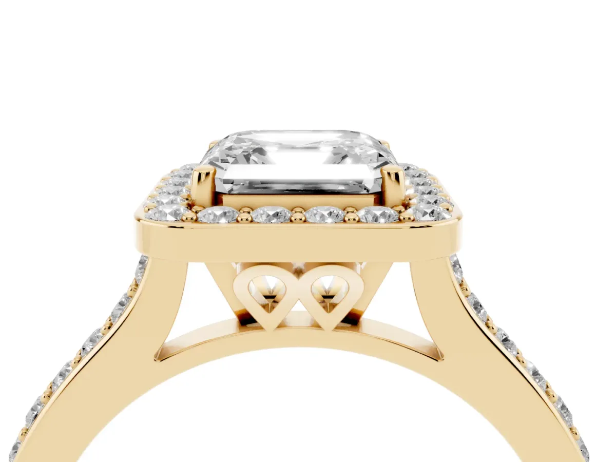 Asscher Cut Diamond Halo Engagement Ring with Round Pavé Shoulders and Prong Setting Yellow gold