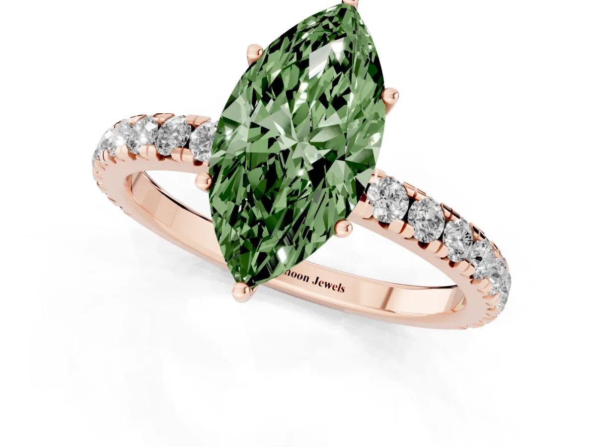 Fancy Green Marquise Cut Diamond Pavé Solitaire Engagement Ring with Four-Prong Setting Rose gold