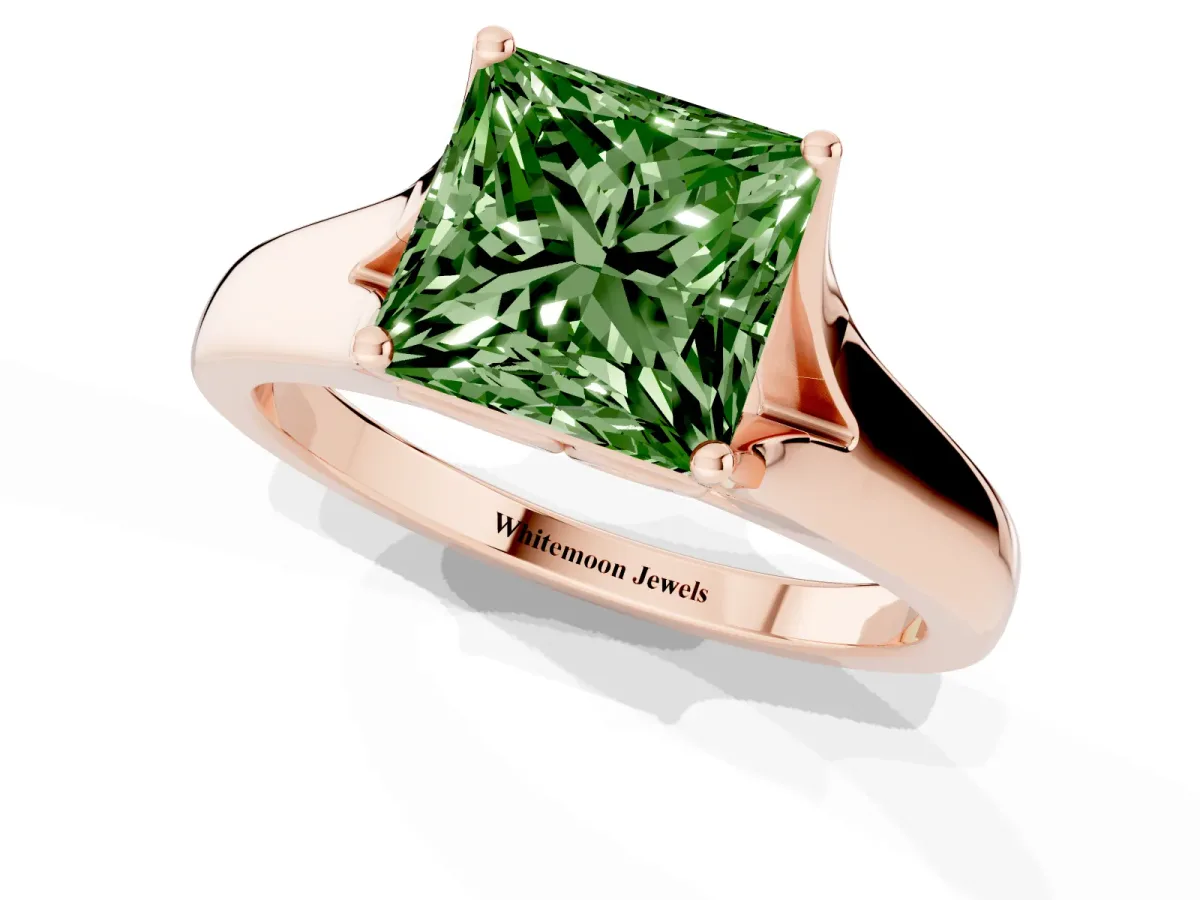 Fancy Green Princess Cut Solitaire Diamond Ring with Cathedral Band and Four-Prong Setting Rose gold
