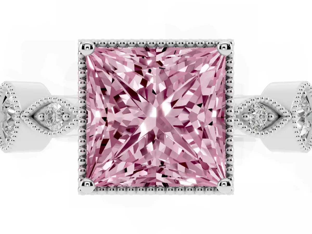 Fancy Pink Princess Cut Diamond Vintage Milgrain Ring with Round Stations Silver