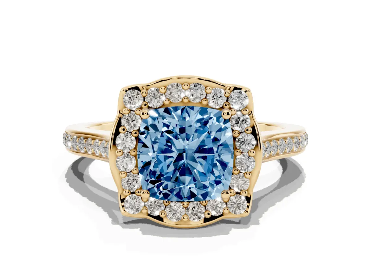 Fancy Blue Cushion Cut Halo Round Diamond Pave Band with Four-Prong Setting Yellow gold