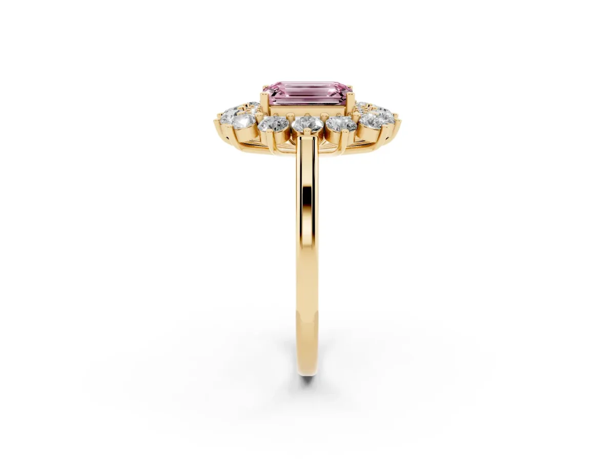 Fancy Pink Emerald Cut Diamond Floral Double Halo Engagement Ring with Prong Setting Yellow gold