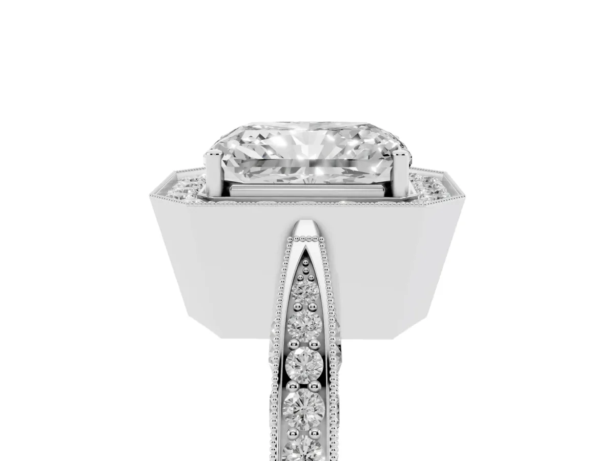 Radiant Cut Halo Diamond Engagement Ring with Split Shank Band and Four-Prong Setting Silver