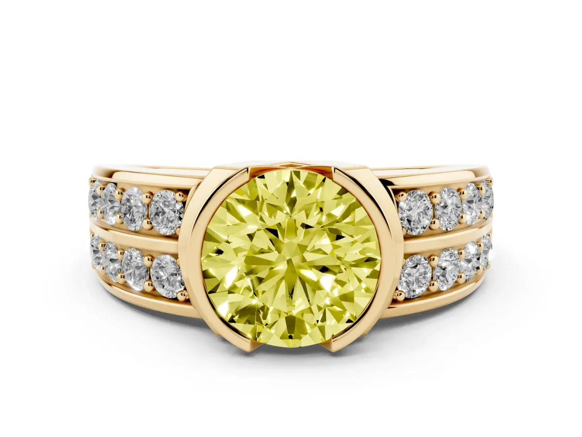 Fancy Yellow Round Cut Brilliant Diamond Channel Set Wide Band Ring with Bezel Setting Yellow gold