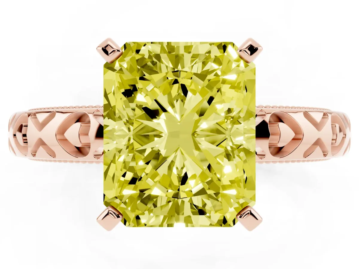 Fancy Yellow Radiant Cut Solitaire Diamond Engagement Ring with XO Engraved Band and Four-Prong Setting Rose gold